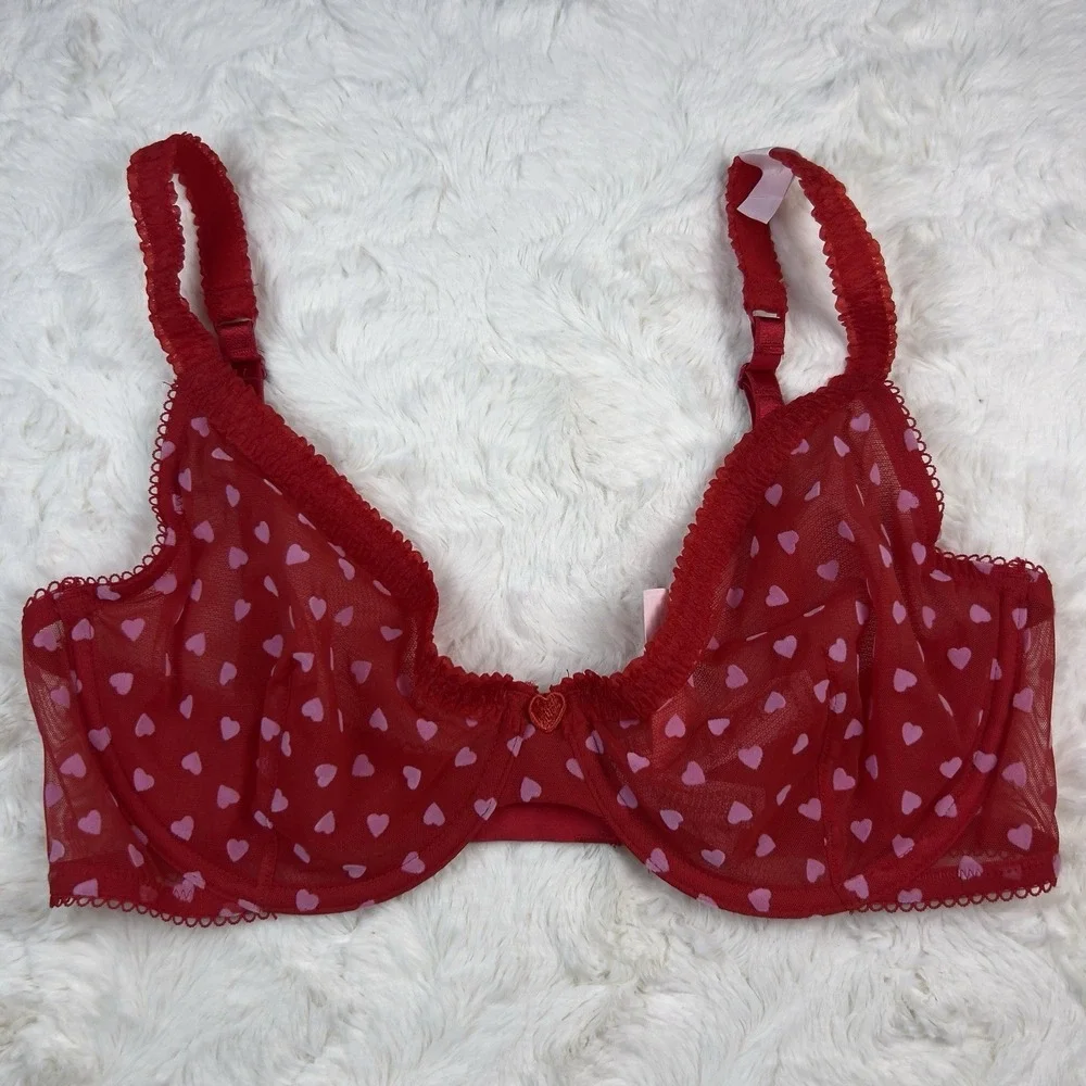 Victoria's‎ Secret Tease Hearts Mesh Unlined Demi Bra Red White Hearts 34D NWT
